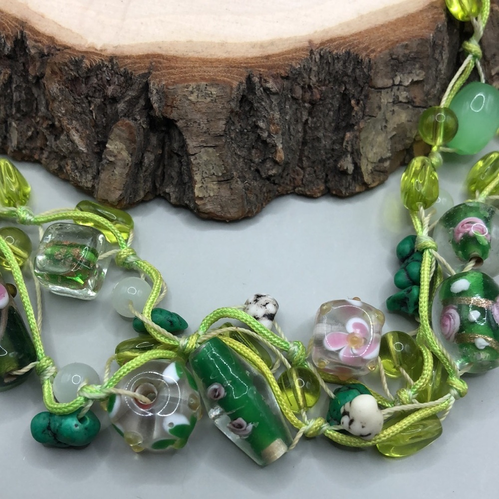 Venetian Murano style art glass double thread layered boho necklace fairy forest - Picture 2 of 6